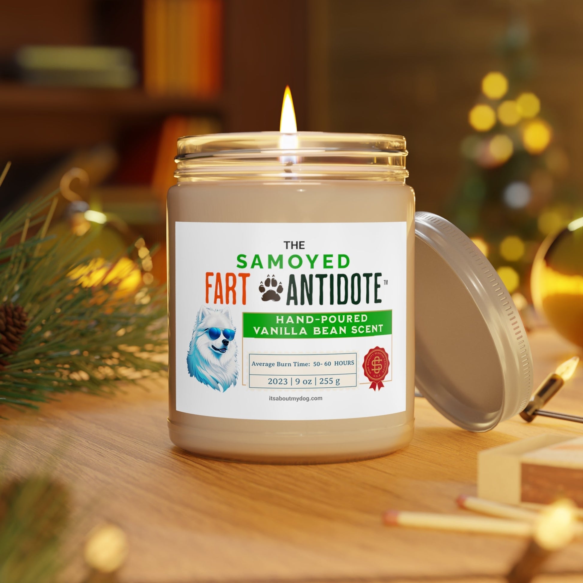 Samoyed-Dog Fart Antidote Scented Candles,9oz , Samoyed Gifts27.99-(FREE Delivery) Shop now at itsaboutmydog.com, Assembled in the USA, dog mom gift basket, gifts from dog to mom, samoyed gifts, samoyed gifts dog lovers