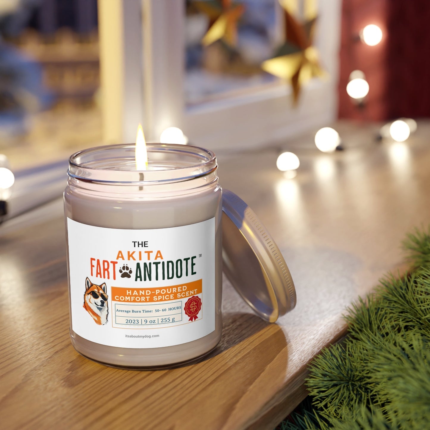 Akita- Dog Fart Antidote-9oz Scented Candle24.99-(FREE Delivery) Shop now at itsaboutmydog.com, dog fart candle, gifts for dog walkers, light me when the dog farts candle, personalised dog gifts, sorry my dog farted candle