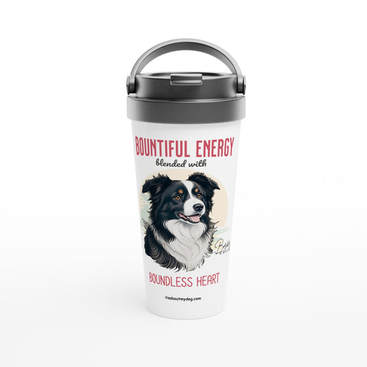 Border Collie-15oz Stainless Steel Tumbler Travel Mug29.99-(FREE Delivery) Shop now at itsaboutmydog.com, border collie, border collie dad, Border Collie Dog, Border Collie Face, Border Collie Gift, border collie gifts, Border collie mom, Border Collie mum, Border Collie Owner, dog mug, dog mum mug, dogs on mugs, smartest dog collies