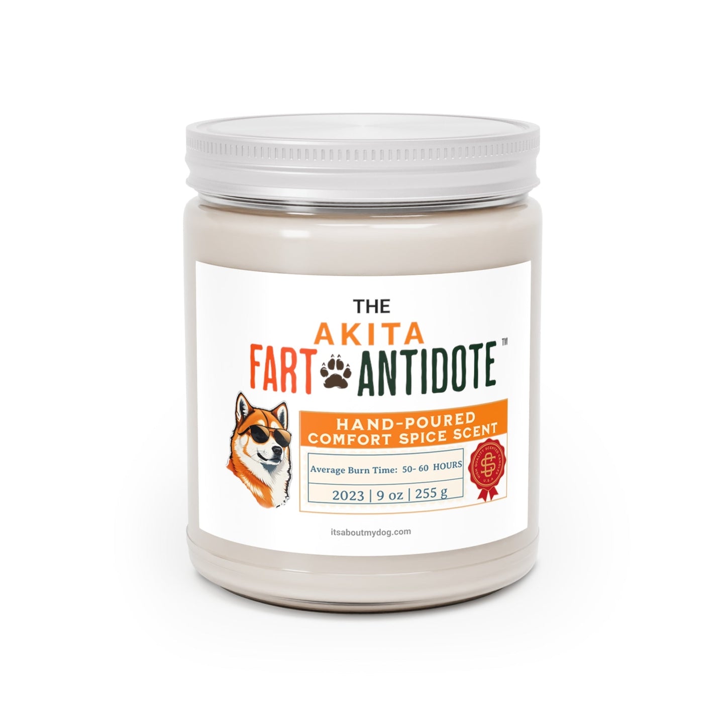 Akita- Dog Fart Antidote-9oz Scented Candle24.99-(FREE Delivery) Shop now at itsaboutmydog.com, dog fart candle, gifts for dog walkers, light me when the dog farts candle, personalised dog gifts, sorry my dog farted candle