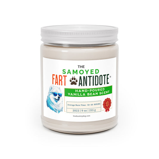 Samoyed-Dog Fart Antidote Scented Candles,9oz , Samoyed Gifts27.99-(FREE Delivery) Shop now at itsaboutmydog.com, Assembled in the USA, dog mom gift basket, gifts from dog to mom, samoyed gifts, samoyed gifts dog lovers